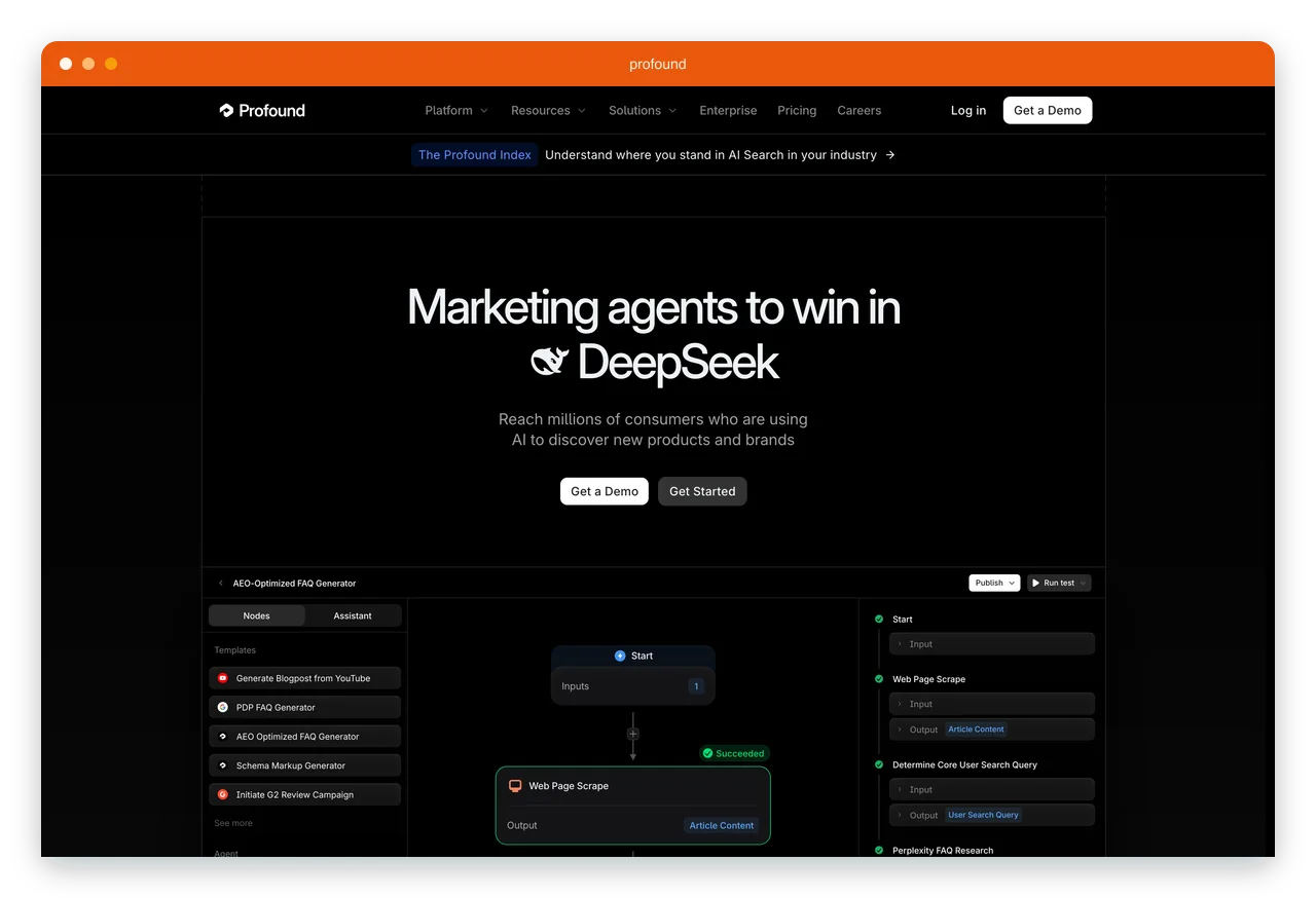 Profound homepage promoting its AI search visibility platform, with answer engine analytics and citation reporting for enterprise brands
