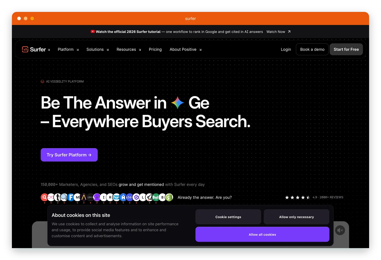 Surfer homepage showing the content optimization platform with AI visibility tracking